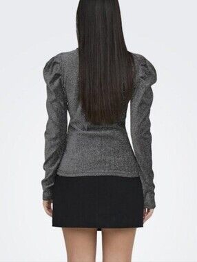 CeCe women's Puff Sleeve gray silver Metallic Knit Sweater sz L glitter holiday
